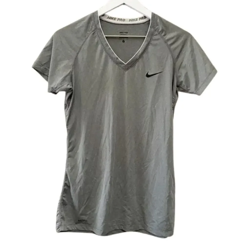 NIKE Pro Shirt Size L Gray Dri-FIT V-Neck Athletic Workout Tee